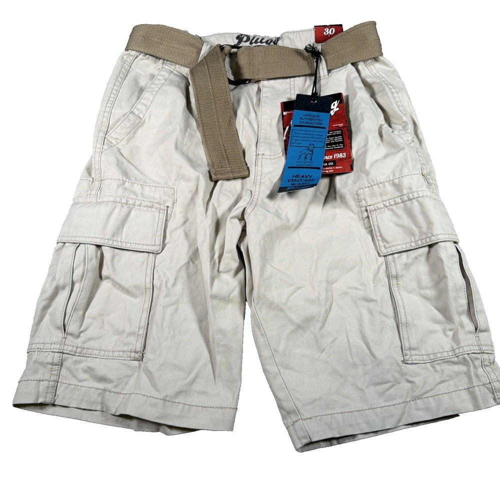 Plugg Mens Belted Cargo Shorts 30 10.5 Inseam Heavy Vintage Driftwood Cotton NEW